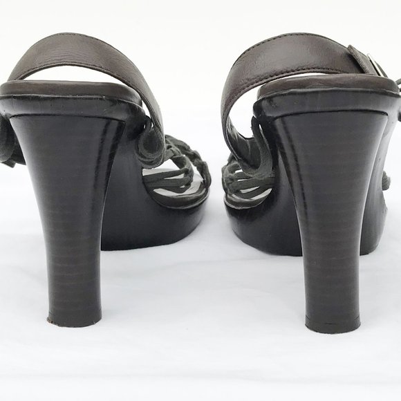 CALVIN KLEIN Brown Crochet Leather Wood Heels Sz10 - Picture 6 of 8